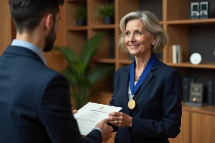 Femme d affaires recevant une m&eacute;daille en bureau