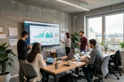 Équipe d'une agence SEO en Pays de la Loire travaillant sur des tableaux de bord de référencement naturel dans un open-space moderne