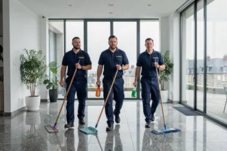 Équipe de nettoyage professionnelle en uniforme dans un hall d'entreprise breton moderne