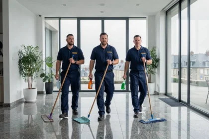 Équipe de nettoyage professionnelle en uniforme dans un hall d'entreprise breton moderne