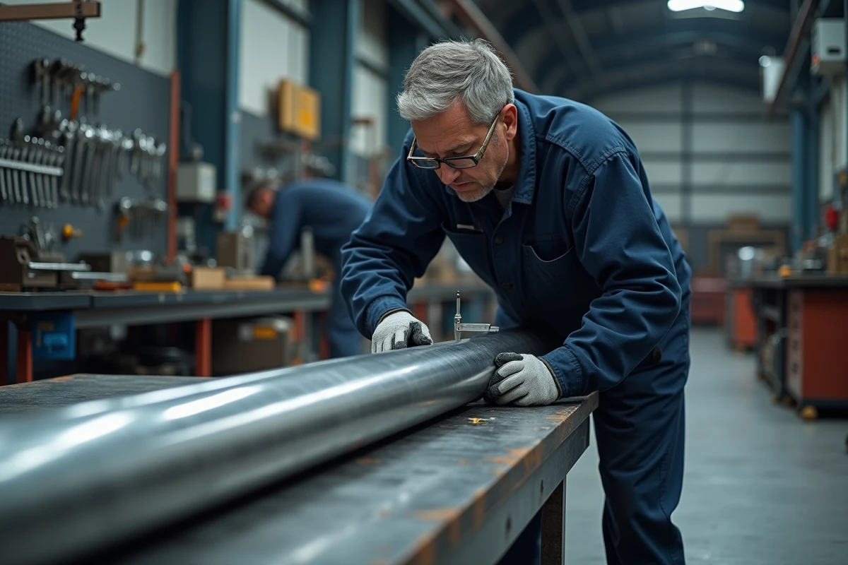 Ouvrier métallurgiste mesurant un tube inox grande longueur sur un établi industriel pour détecter toute déformation