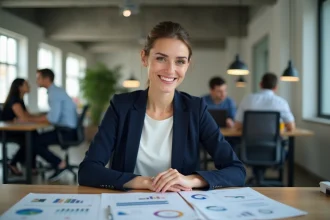 Micro-entrepreneuse ambitieuse examinant des documents d'aides financières dans un espace de coworking moderne en 2026