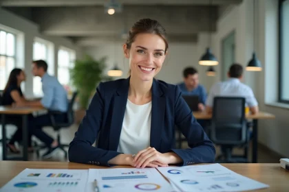 Micro-entrepreneuse ambitieuse examinant des documents d'aides financières dans un espace de coworking moderne en 2026