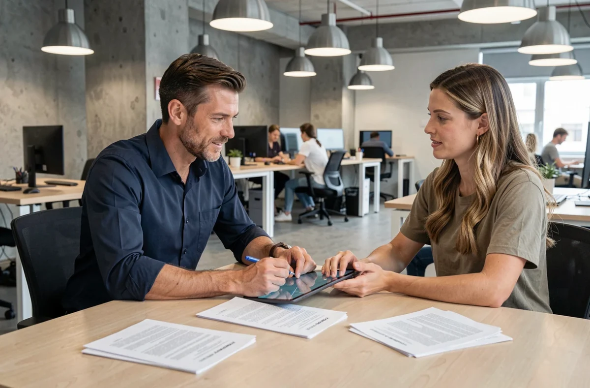 Consultant freelance en mission administrative à temps partagé lors d'une réunion client dans un espace de coworking