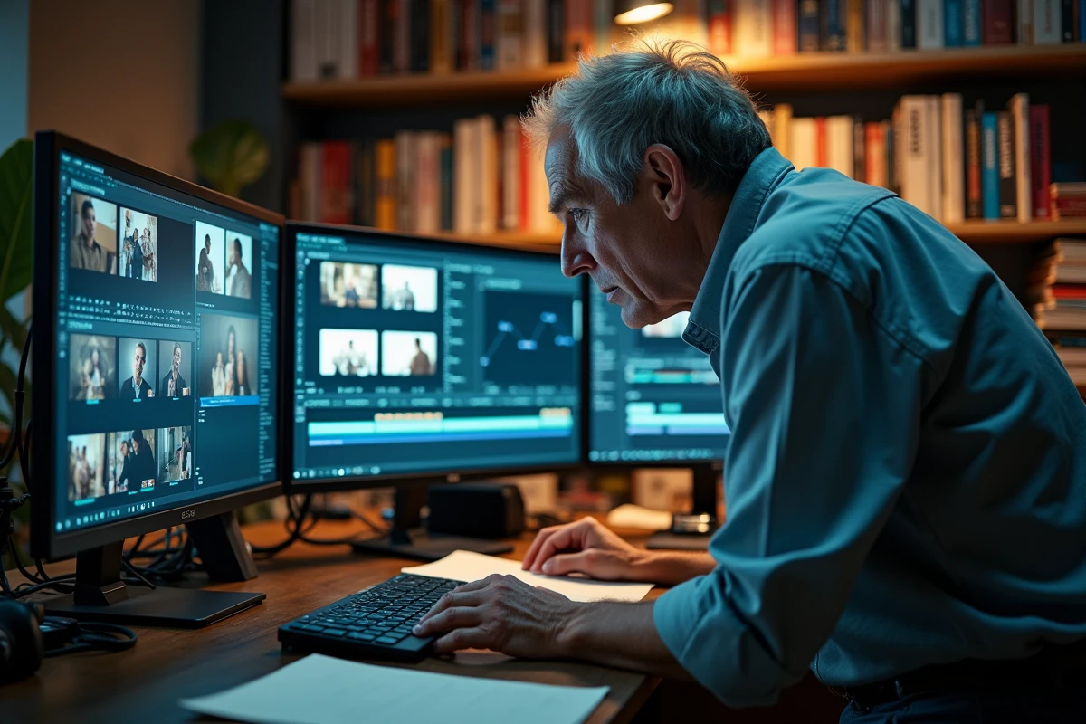 Monteur de film travaillant sur une timeline numérique dans un studio de post-production, illustrant l'analyse des œuvres cinématographiques de Bruno Pesery