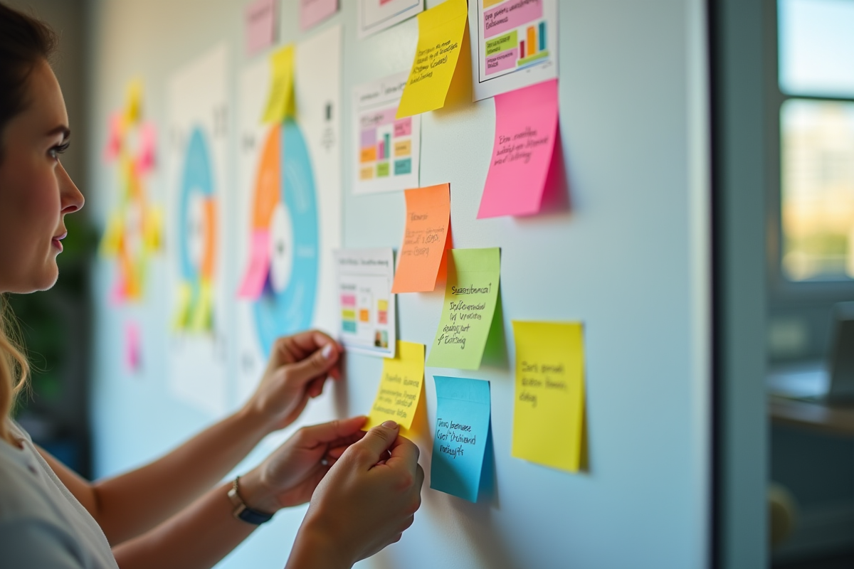 Mur de travail créatif avec notes et diagrammes de segmentation marché