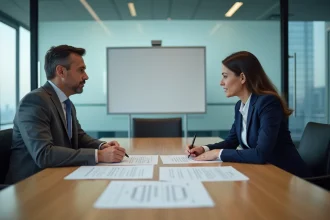 Négociation de fin de contrat CDD entre une employée et un responsable RH autour d'une table de réunion en entreprise
