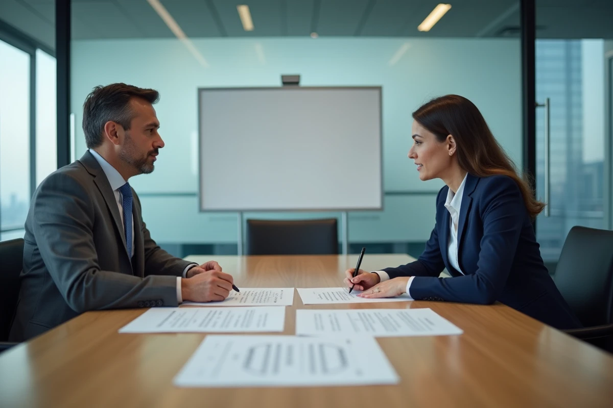 Négociation de fin de contrat CDD entre une employée et un responsable RH autour d'une table de réunion en entreprise