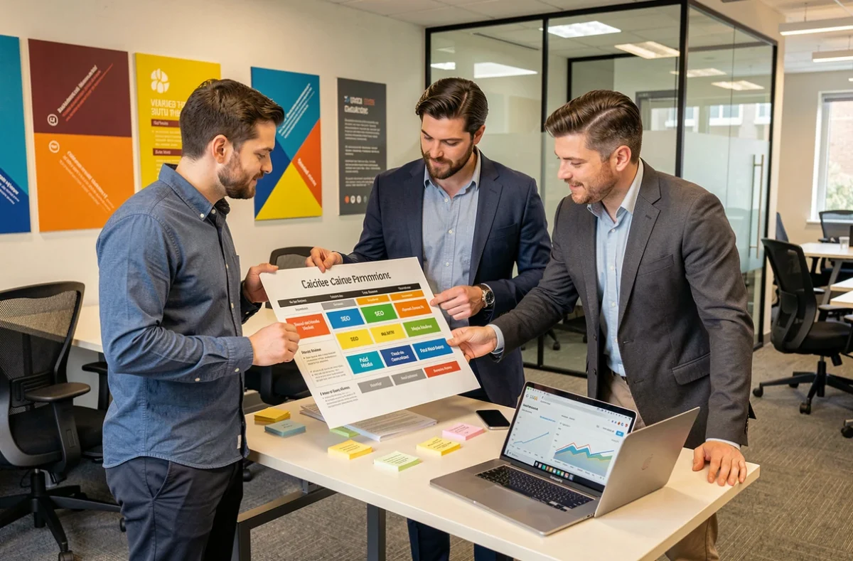 Équipe de l'agence NEWP planifiant une campagne de marketing digital et SEO autour d'une table de travail collaborative
