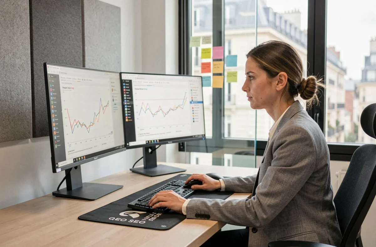 Spécialiste SEO de l'agence Noiise à Lyon analysant des graphiques de positionnement sur des écrans doubles dans un bureau moderne