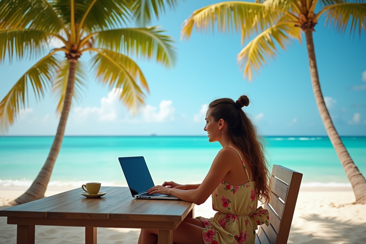 Nomade digital travaillant sur une plage tropicale ensoleillee