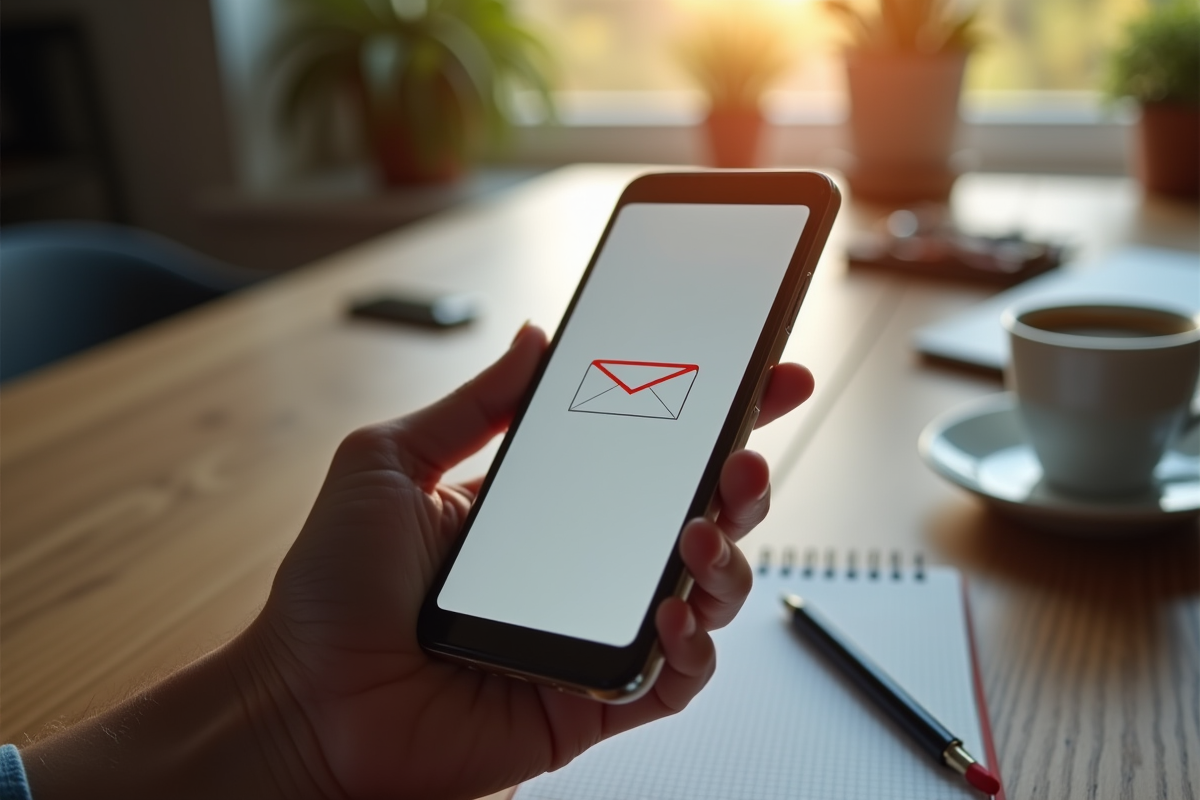 Main tenant un smartphone avec notification d email envoyée