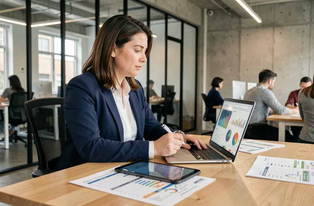Femme professionnelle analysant un budget publicitaire sur laptop avec outils IA dans un espace coworking moderne