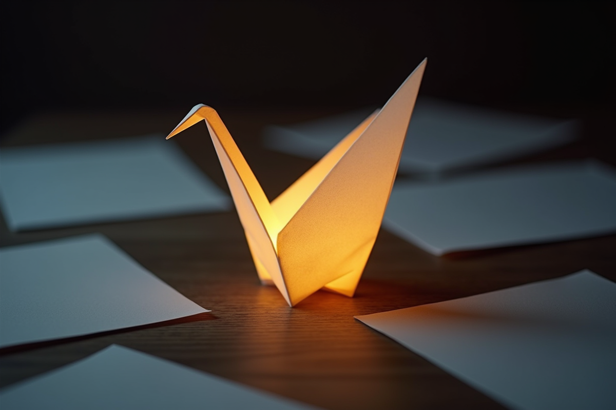 Origami en forme de crane lumineux sur table en bois sombre
