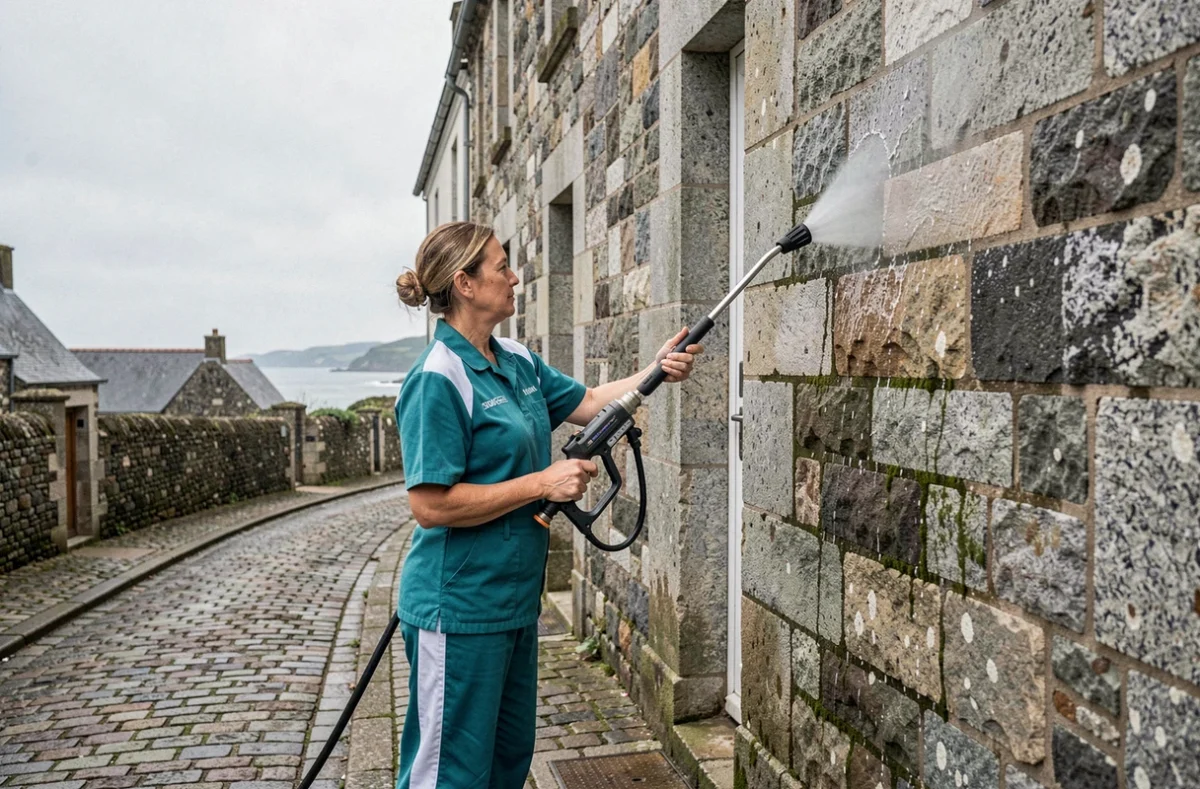 Technicienne de Penn Ar Bed Nettoyage nettoyant la façade en pierre d'un bâtiment breton traditionnel