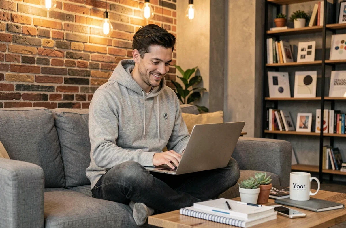 Développeur WordPress de l'agence Pilot'in à Lyon travaillant sur une interface web dans un espace de travail chaleureux avec murs en briques apparentes