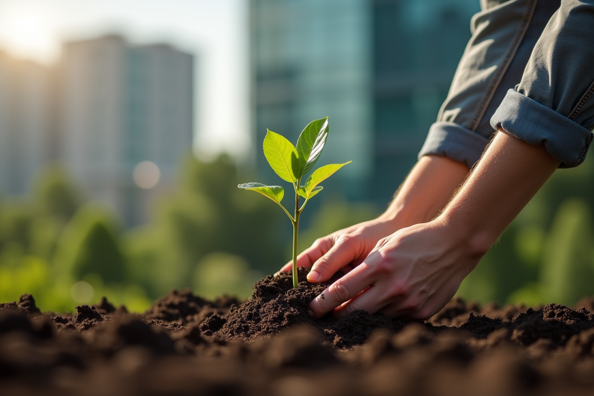 Mains plantant un jeune arbre dans le sol pour la responsabilite environnementale