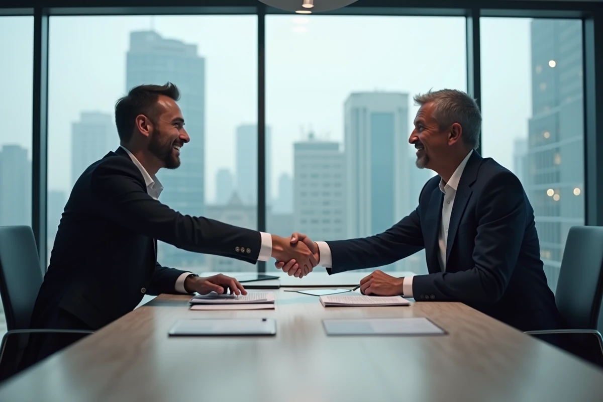 Deux professionnels signant un partenariat B2B lors d'une réunion en salle de conférence moderne