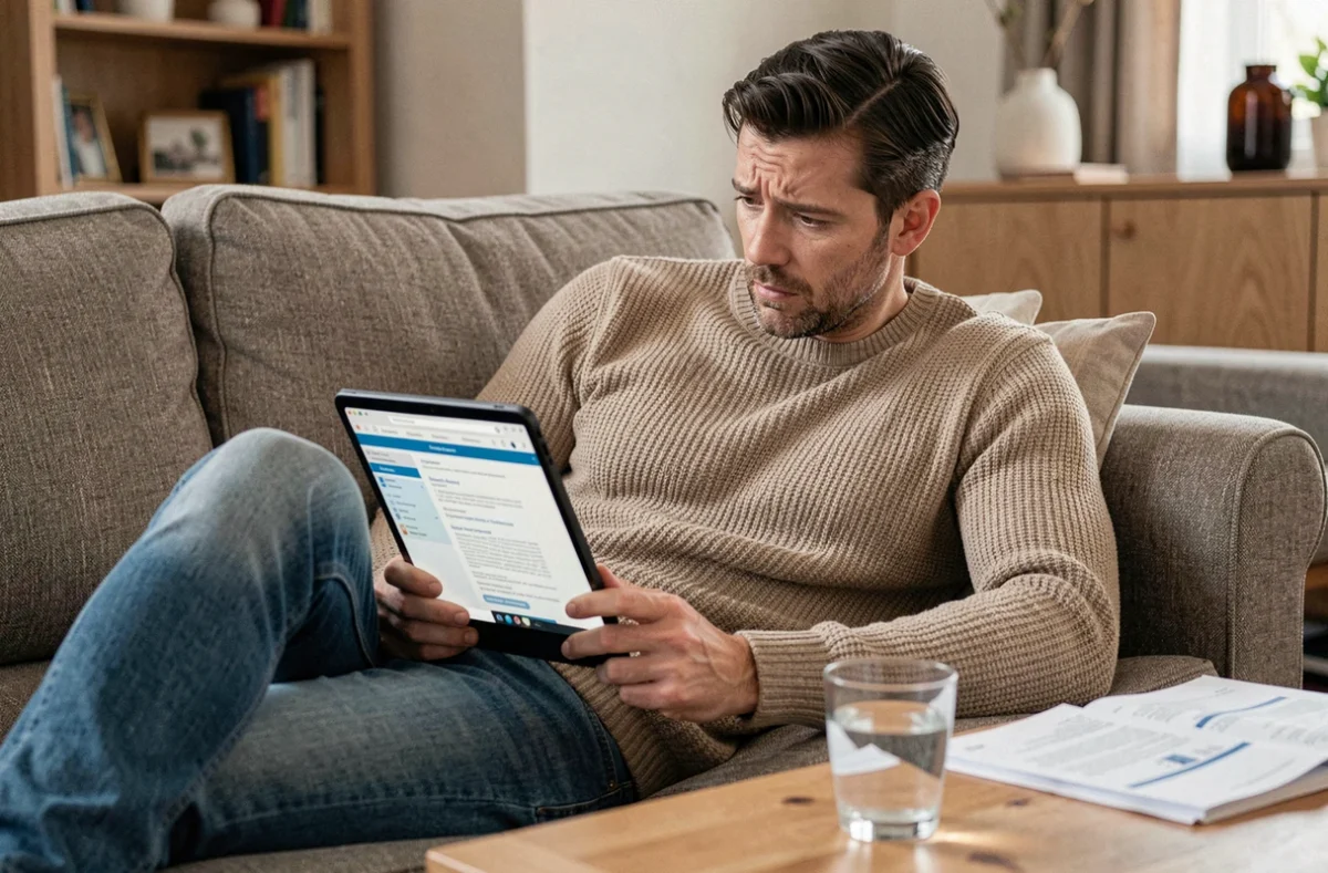 Travailleur en portage salarial consultant ses droits à l'arrêt maladie depuis son canapé avec une tablette