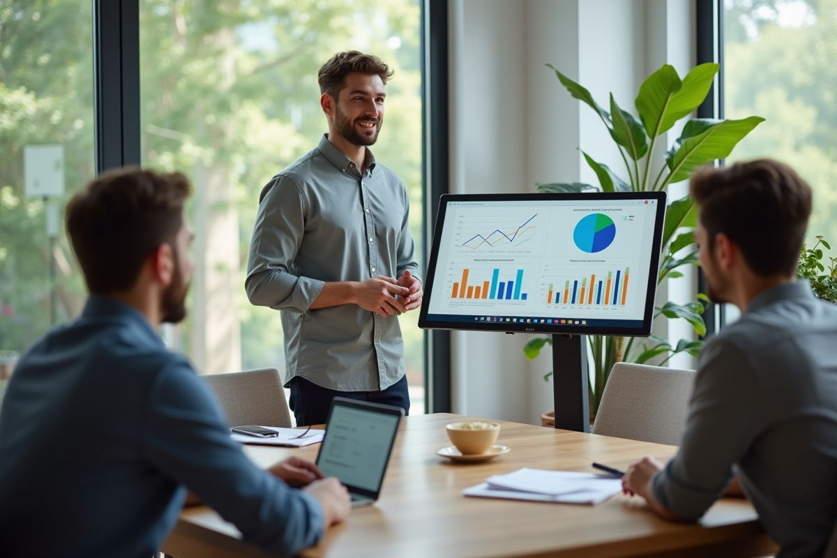 Jeune homme présentant des analyses CRM à ses collègues en réunion