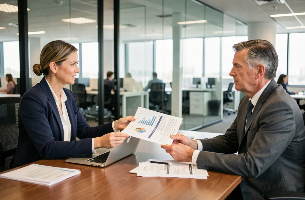 Responsable marketing présentant un rapport financier à un DAF en réunion d'entreprise pour justifier un prix de prestation digitale
