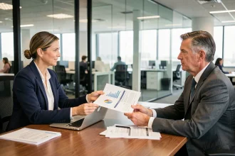 Responsable marketing présentant un rapport financier à un DAF en réunion d'entreprise pour justifier un prix de prestation digitale