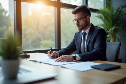 Un professionnel lit attentivement un contrat dans un bureau lumineux