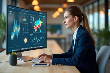 Professionnelle analysant des indicateurs économiques territoriaux sur un écran d'ordinateur dans un open space moderne