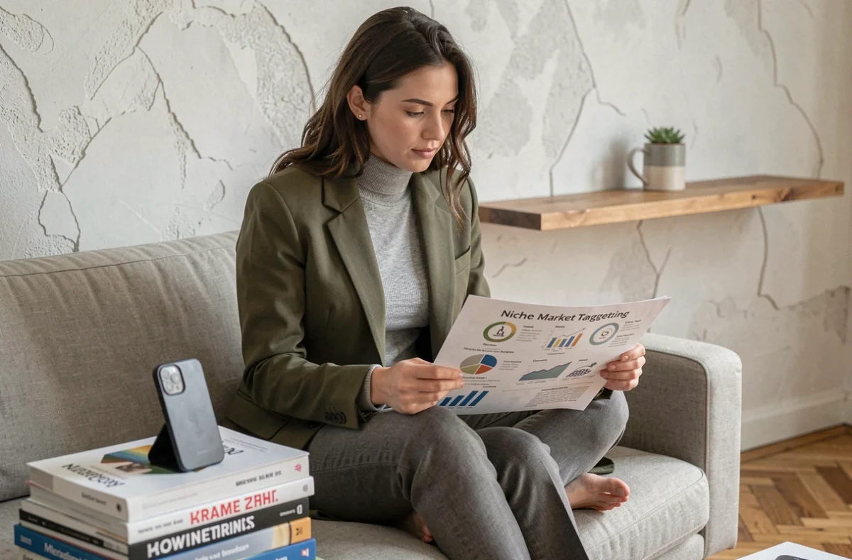 Jeune professionnelle consultant une infographie sur le ciblage de niche dans un bureau à domicile moderne