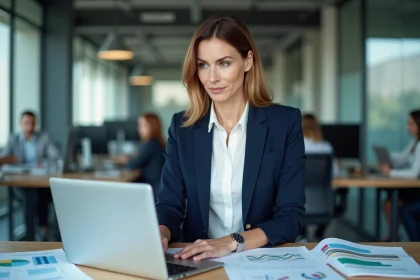 Professionnelle du marketing analysant des tableaux de bord de données sur un ordinateur portable dans un bureau moderne