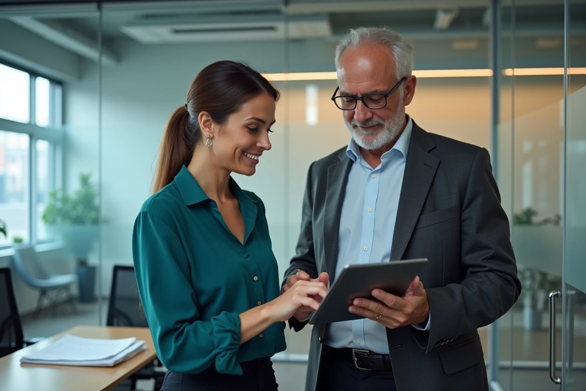 Deux professionnels RH consultant ensemble l'espace salarié PaiePilote sur une tablette dans un bureau d'entreprise
