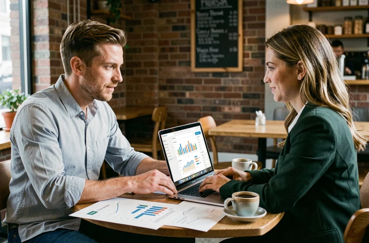 Deux professionnels discutant d'une stratégie marketing e-commerce autour d'un ordinateur portable dans un café moderne