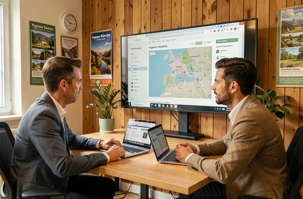 Équipe de l'agence Programmer Solutions en Auvergne-Rhône-Alpes analysant la présence digitale de clients locaux sur une carte géolocalisée de la région