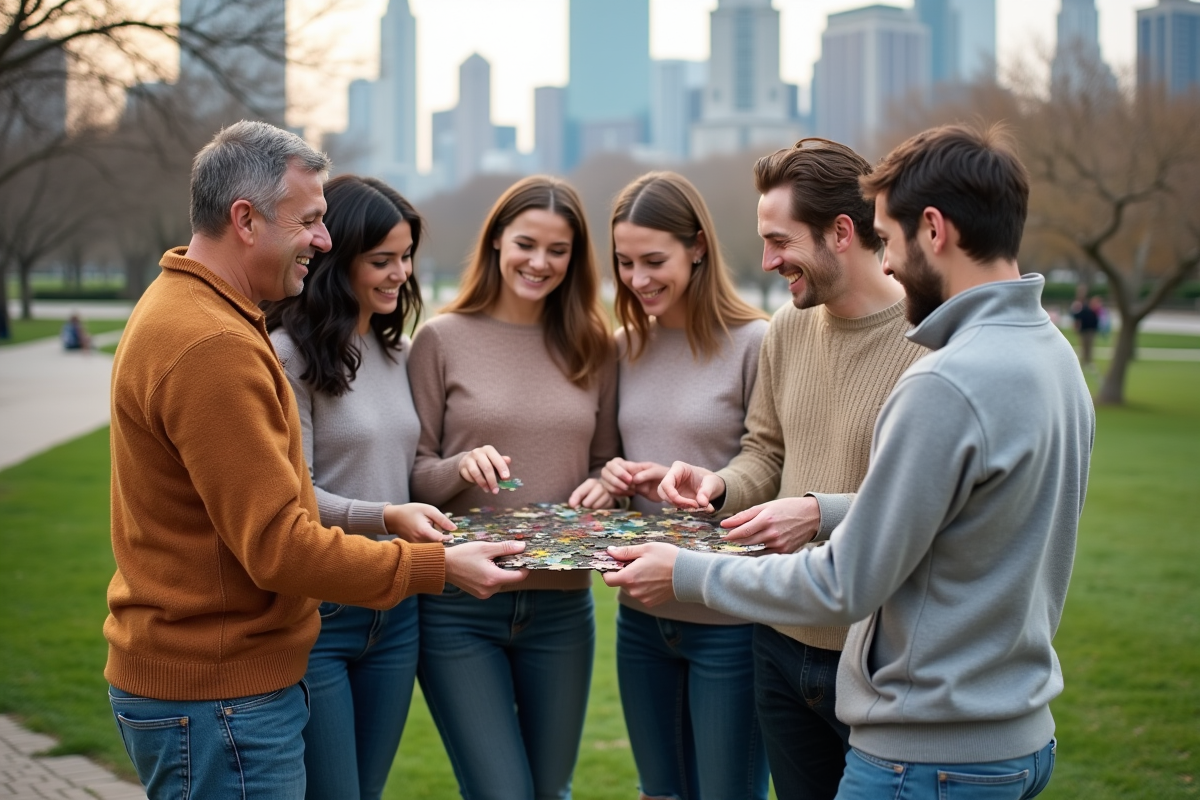 Six adultes résolvant un puzzle dans un parc urbain en extérieur