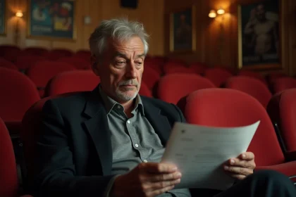 Réalisateur de cinéma expérimenté relisant un scénario dans une salle de projection vintage, évoquant la filmographie commentée de Bruno Pesery