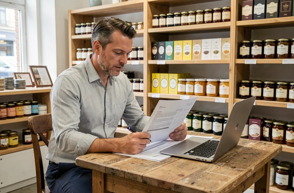 Entrepreneur en reconversion professionnelle étudiant un plan de franchise épicerie fine à son bureau dans une boutique de produits gastronomiques