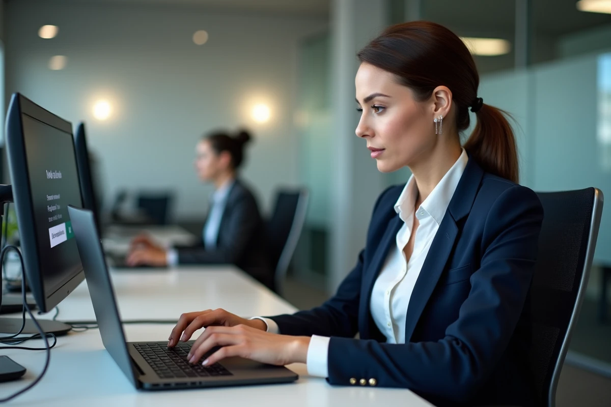 Femme professionnelle réinitialisant un mot de passe oublié sur une messagerie Zimbra au bureau