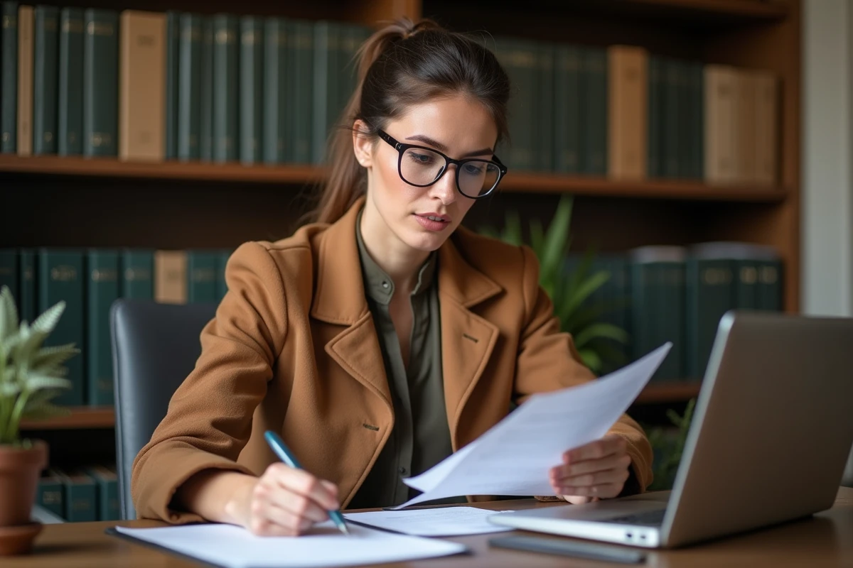 Femme dirigeante de PME relisant attentivement les clauses d'un contrat d'égérie dans son bureau professionnel