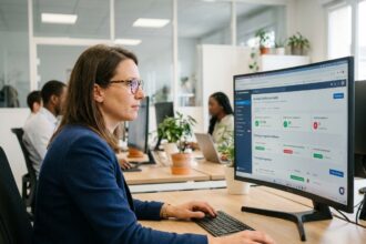 Responsable formation consultant un logiciel de gestion Qualiopi sur écran dans un bureau moderne