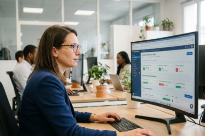 Responsable formation consultant un logiciel de gestion Qualiopi sur écran dans un bureau moderne