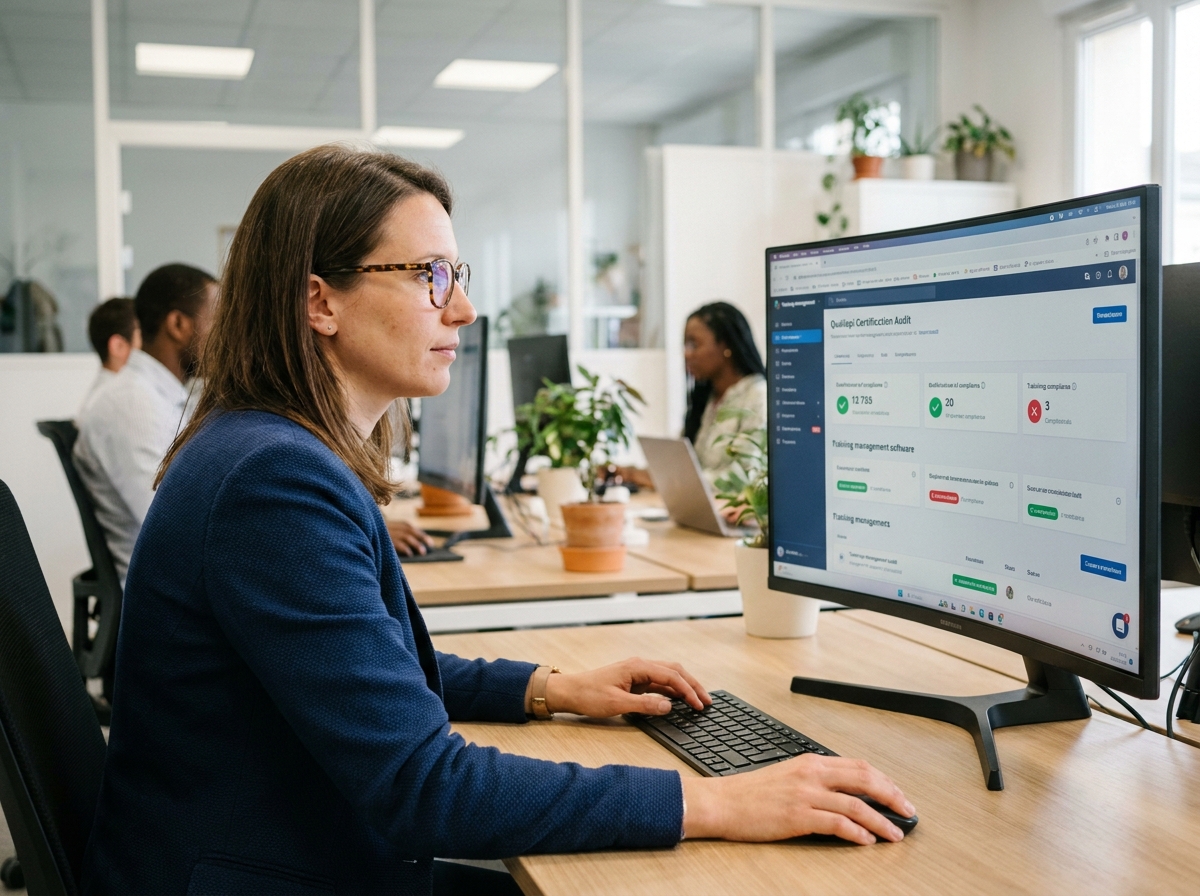 Responsable formation consultant un logiciel de gestion Qualiopi sur écran dans un bureau moderne