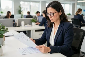Responsable RH analysant les codes de catégorie socioprofessionnelle pour la DSN dans un bureau moderne