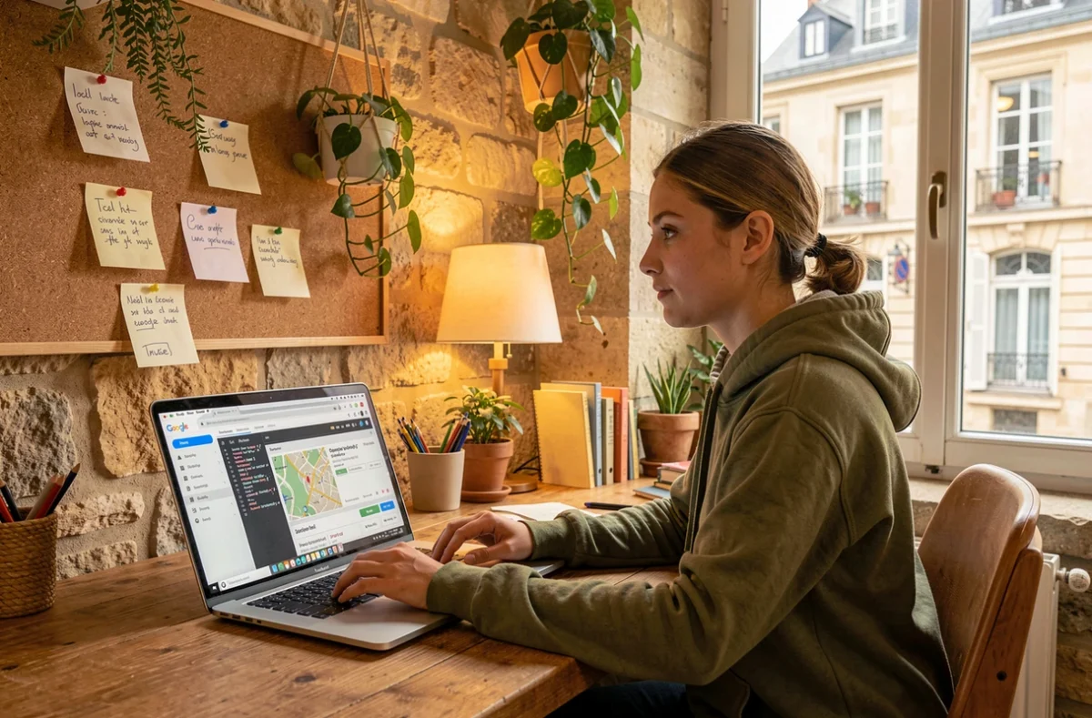 Développeuse web de l'agence Respoweb optimisant le référencement local d'un client dans un bureau chaleureux aux murs en pierre