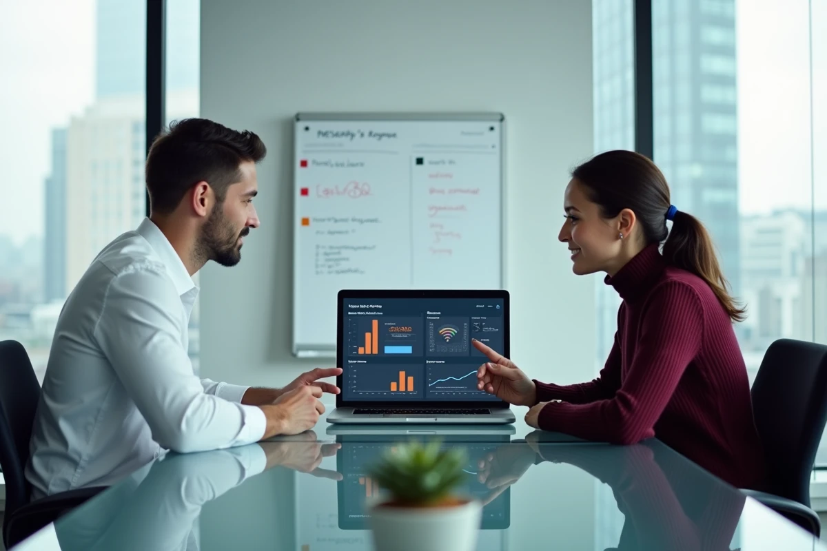 Deux professionnels analysant ensemble un tableau de bord de veille digitale en salle de réunion