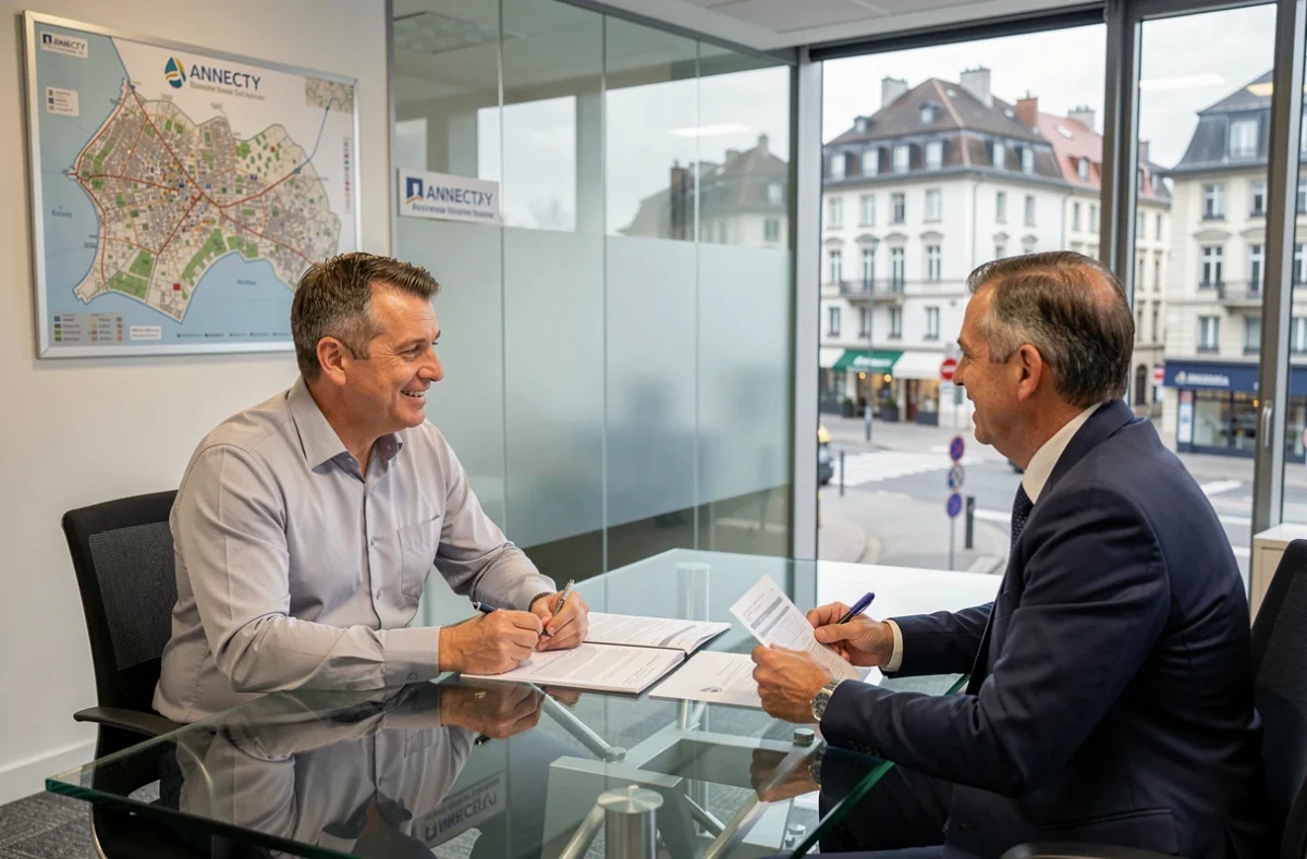 Entrepreneur en réunion avec un conseiller pour domicilier son entreprise à Annecy dans une salle de réunion professionnelle