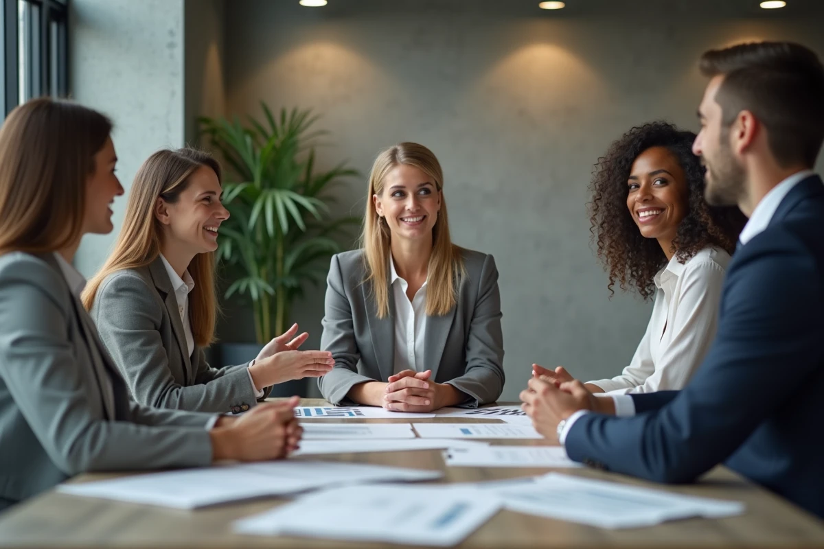 Groupe de coll&egrave;gues en r&eacute;union dans un bureau &eacute;l&eacute;gant