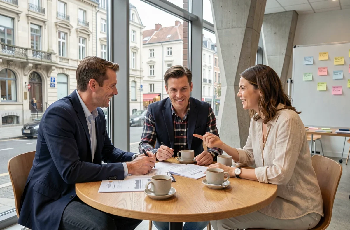 Groupe de collègues en réunion informelle dans un coworking bruxellois avec vue sur la ville
