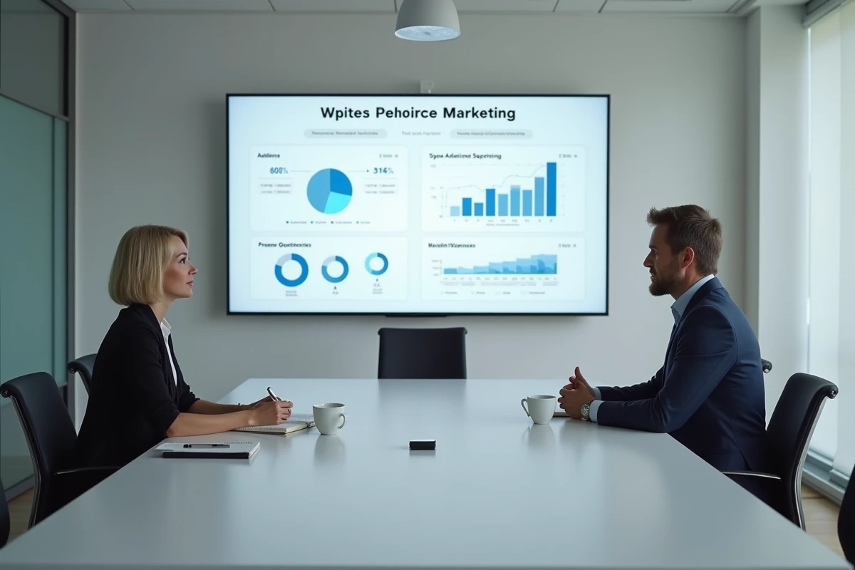 Deux professionnels du marketing discutant de performances de données autour d'un tableau de bord affiché en salle de réunion