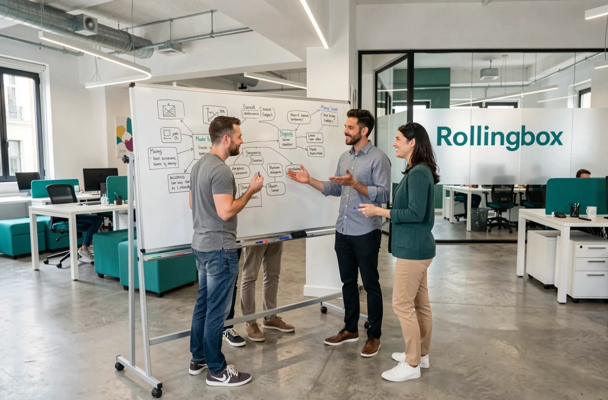 Équipe créative de l'agence Rollingbox à Lyon discutant d'une stratégie marketing digital autour d'un tableau blanc couvert de schémas et wireframes