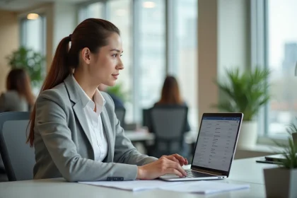 Salariée consultant son espace personnel PaiePilote sur un laptop dans un bureau moderne pour accéder à ses bulletins de paie